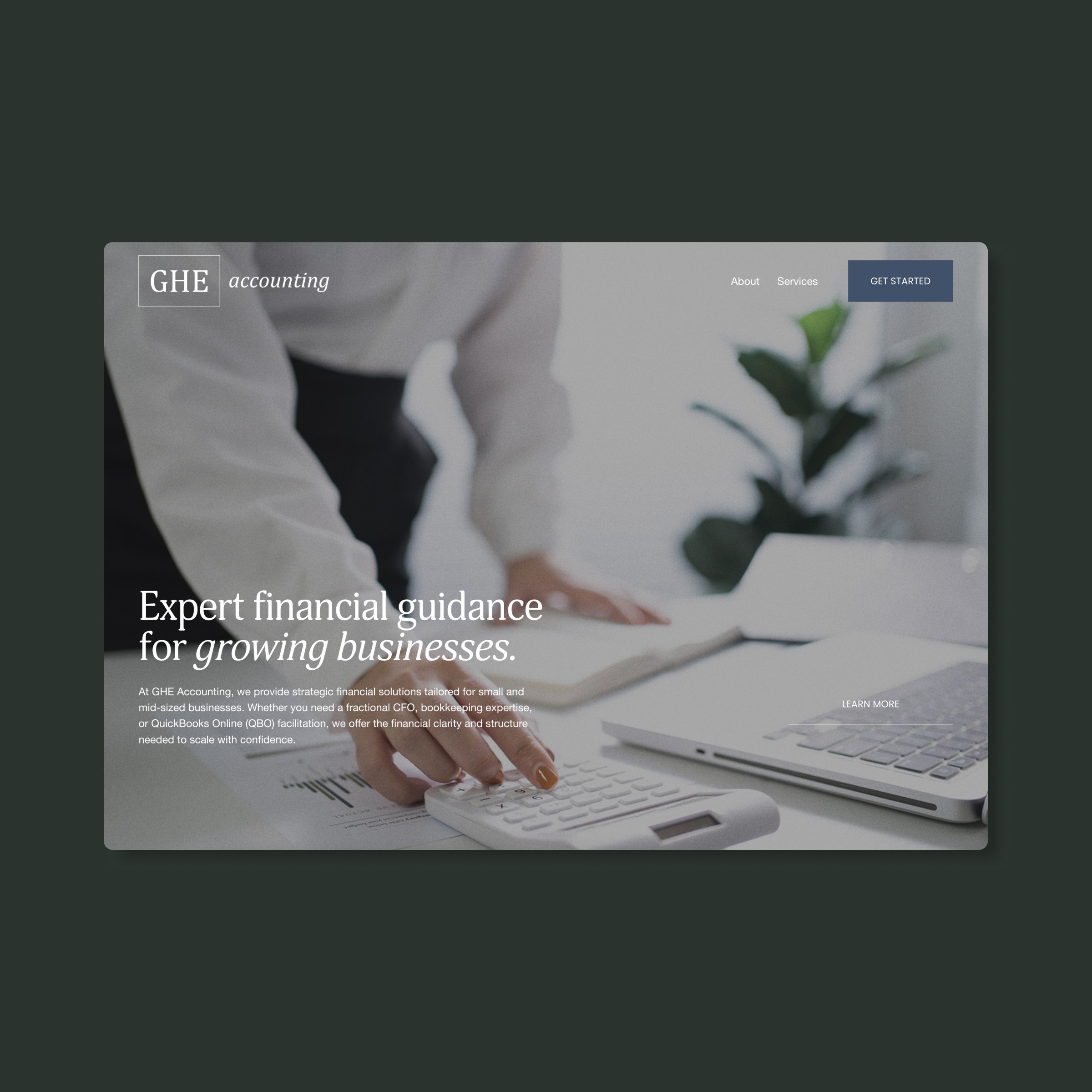 GHE Accounting custom financial services website design created by Bozh Studio, showcasing a professional homepage layout with the headline "Expert financial guidance for growing businesses."