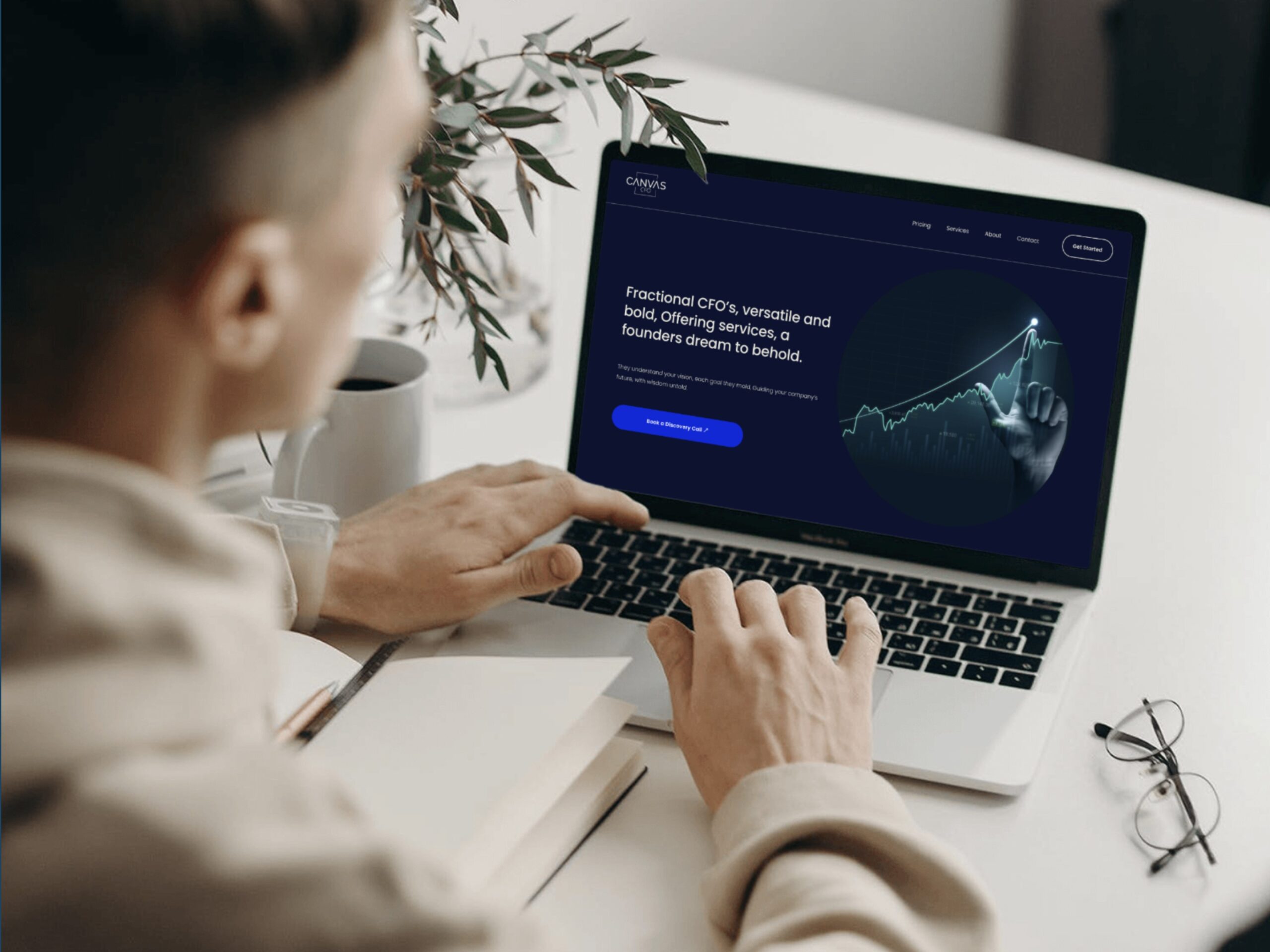Fractional CFO financial services website design mockup by Bozh Studio, displayed on a laptop screen with a dark-themed user interface showing a financial growth chart graphic.