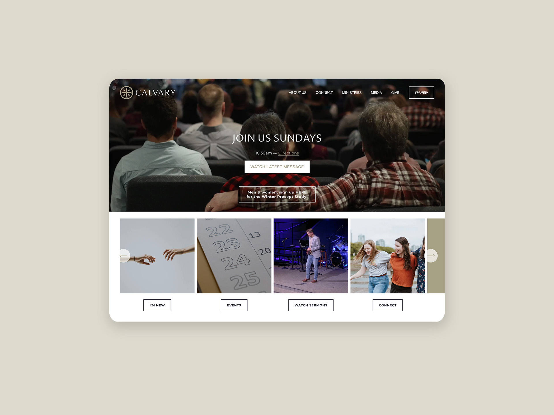 Calvary Church custom church website design by Bozh Studio, featuring a modern dark homepage layout with a prominent "JOIN US SUNDAYS" headline and clean feature grid for events and ministries.