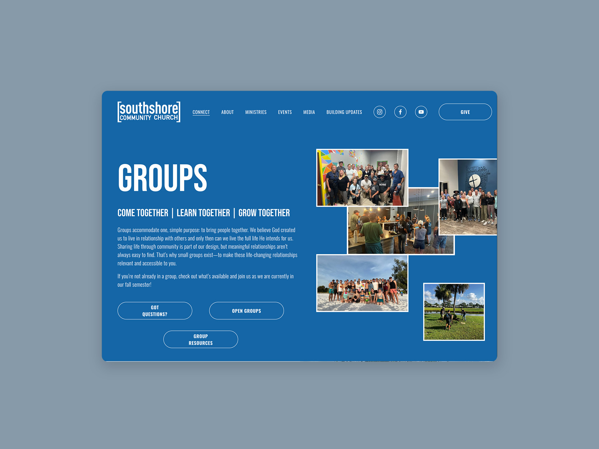 South Shore Community Church custom church website design created by Bozh Studio, showcasing a modern blue "Groups" inner page layout with a dynamic community photo grid.