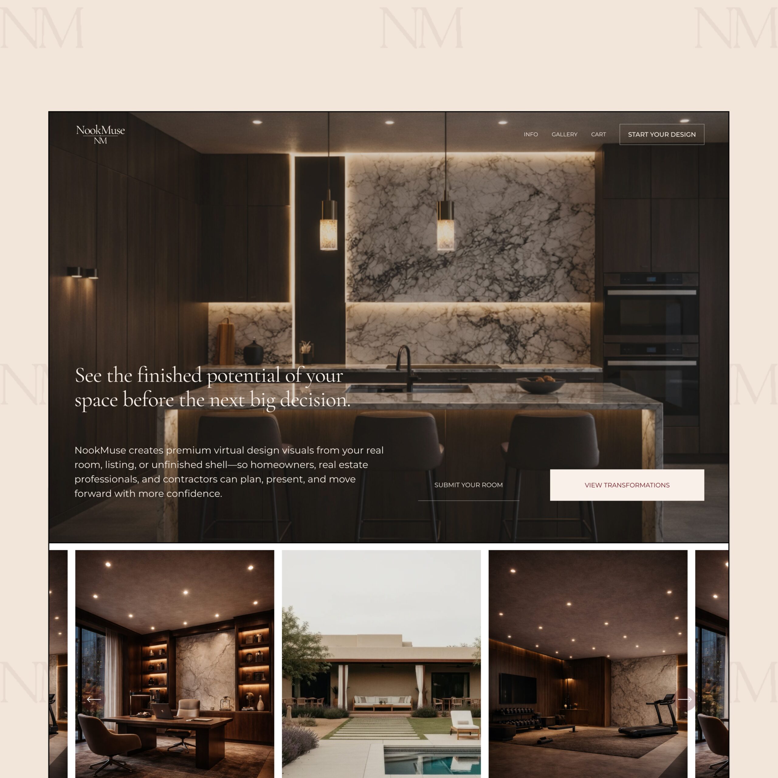 NookMuse premium virtual design and construction company website design showcase by Bozh Studio, featuring a modern dark-themed homepage layout and interior rendering portfolio grid.
