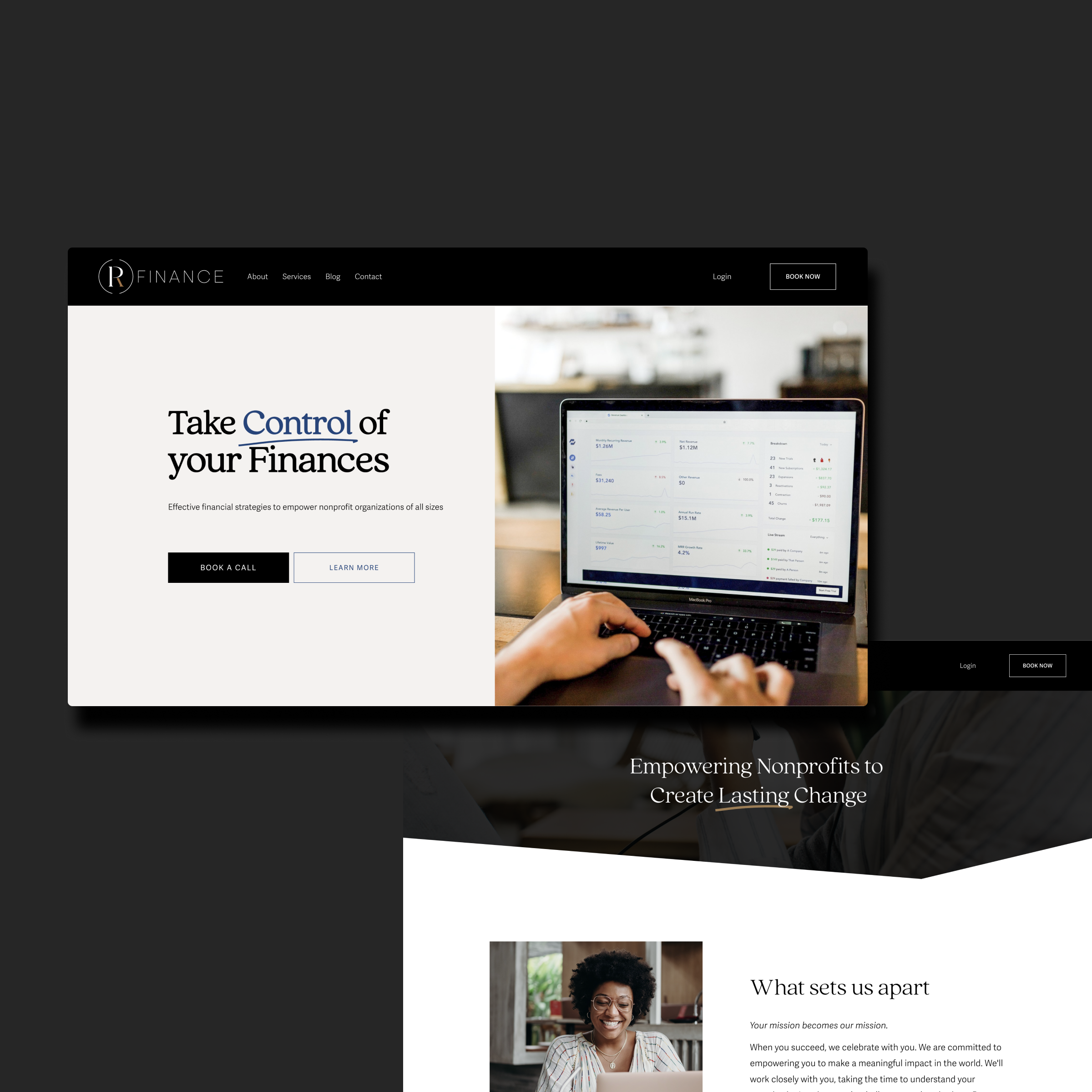 R Finance custom nonprofit financial website design by Bozh Studio, featuring a full-page desktop layout presentation with a laptop mockup, a clean hero section, and a section titled "Empowering Nonprofits to Create Lasting Change."