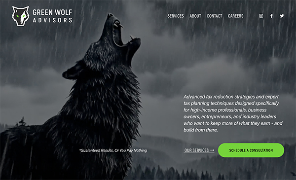 Green Wolf Advisors tax planning website homepage shown in a browser window