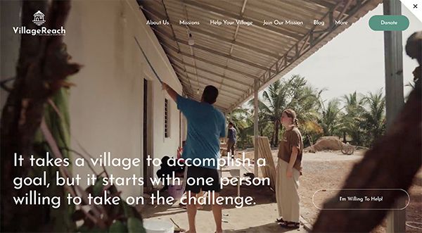 VillageReach nonprofit website homepage shown in a browser window