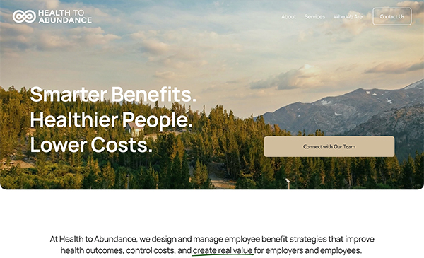 Health to Abundance employee benefits website homepage shown in a browser window