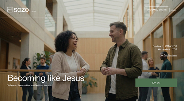 SOZO Church website homepage shown in a browser window