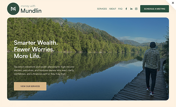Money with Mundlin wealth planning website homepage shown in a browser window